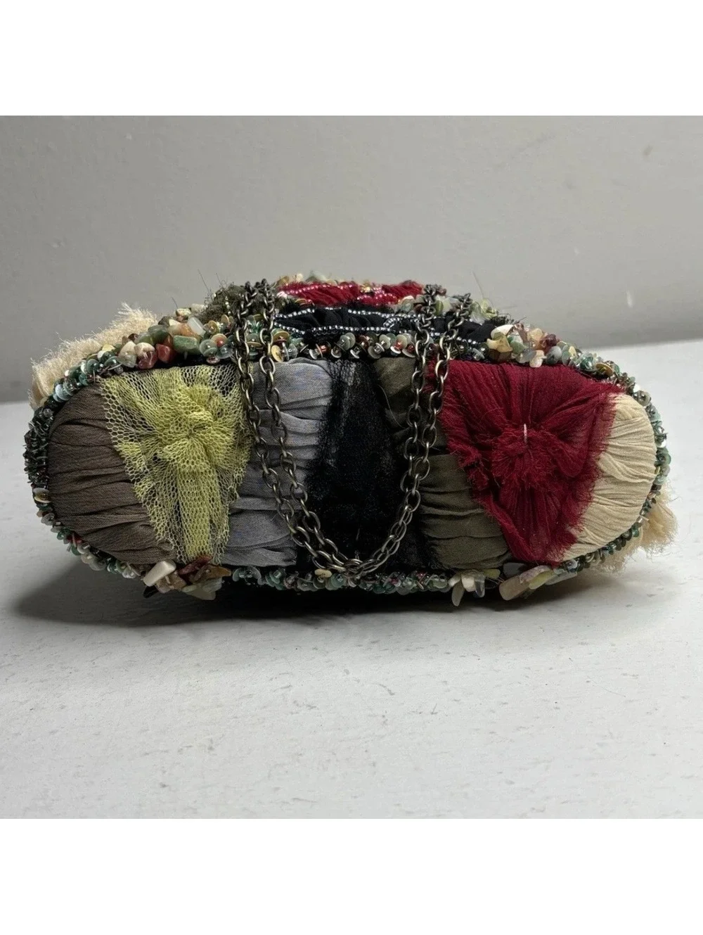Mary Frances Mixed Media Beaded Patchwork Hobo Purse with Adjustable Strap